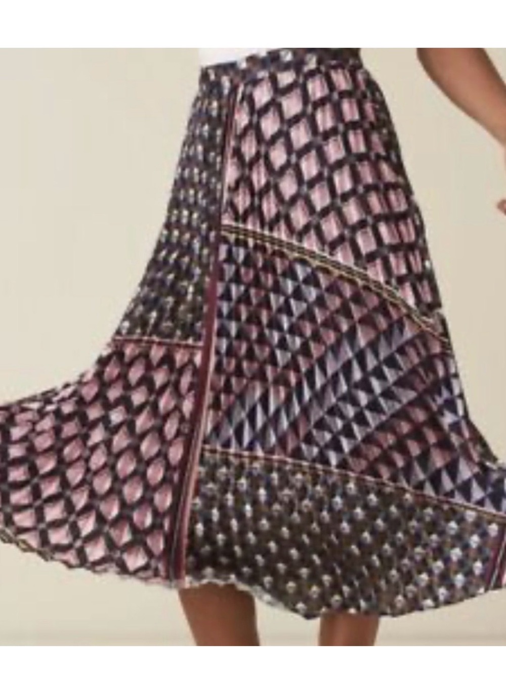 Reiss Pleated Pink and Navy Geometric Midi Skirt